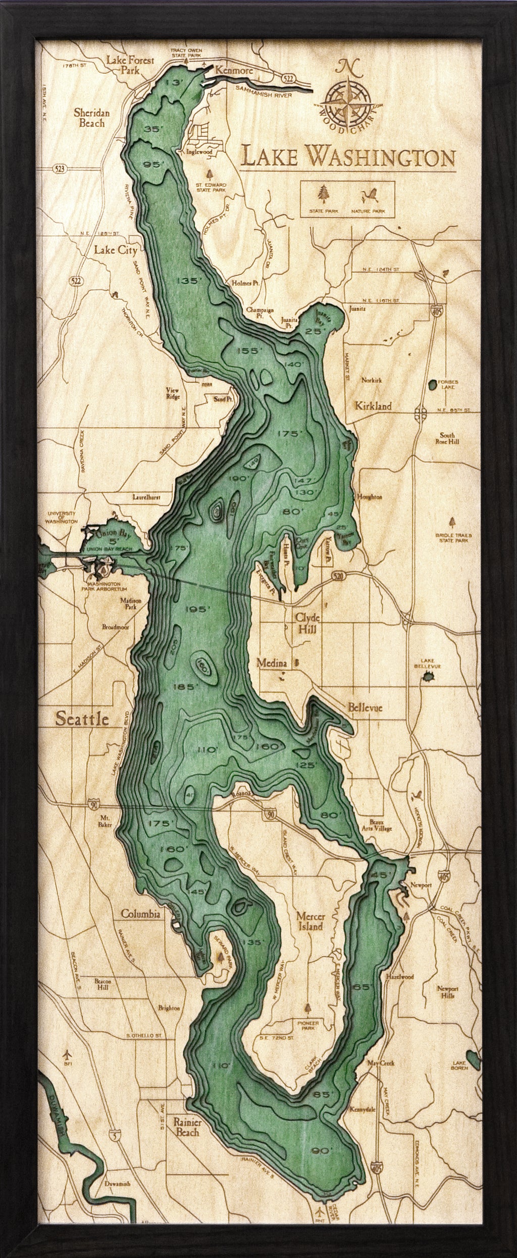 Lake Washington Wood Carved Topographic Map