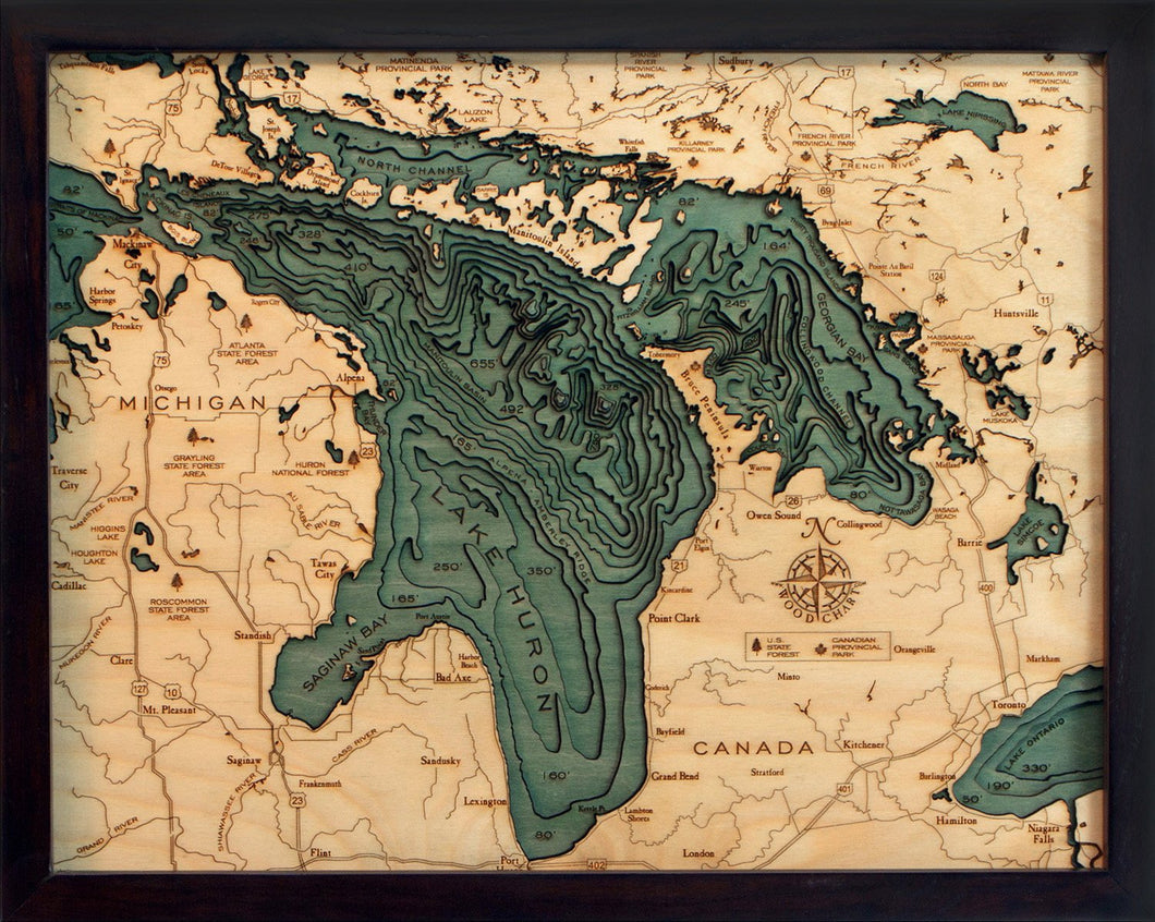 Lake Huron Wood Carved Topographic Depth Chart/Map