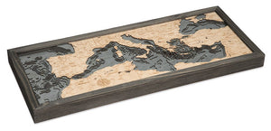 Mediterranean Sea Wood Carved Topographic Depth Chart/Map